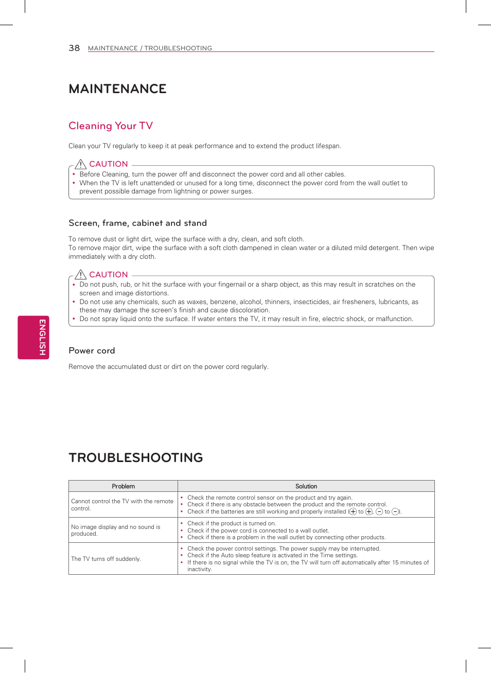 Maintenance, Troubleshooting, Cleaning your tv | Screen, frame, cabinet and stand, Power cord | LG 60LA8600 User Manual | Page 38 / 52