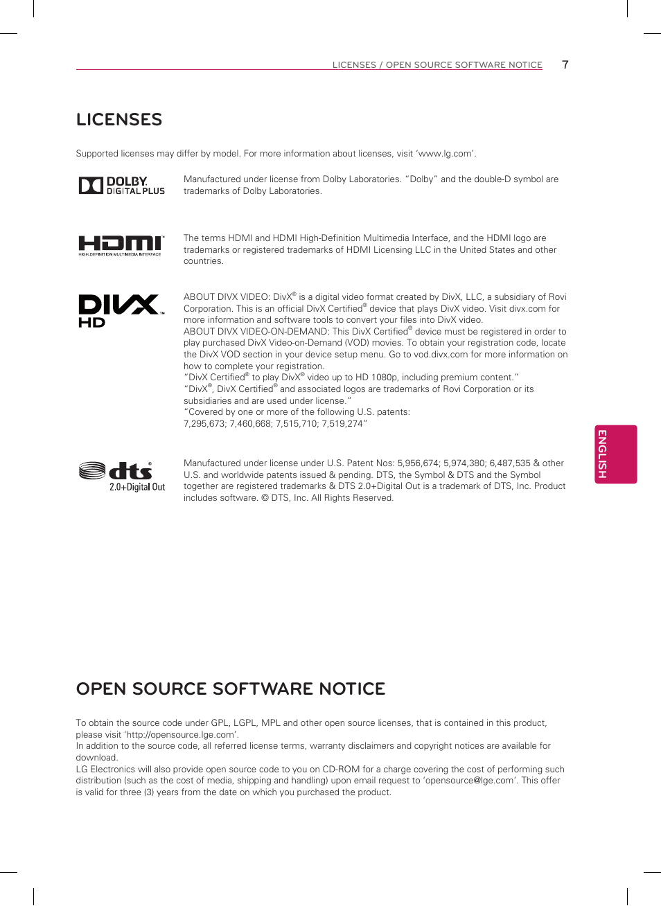 Licenses, Open source software notice | LG 60LA8600 User Manual | Page 7 / 52