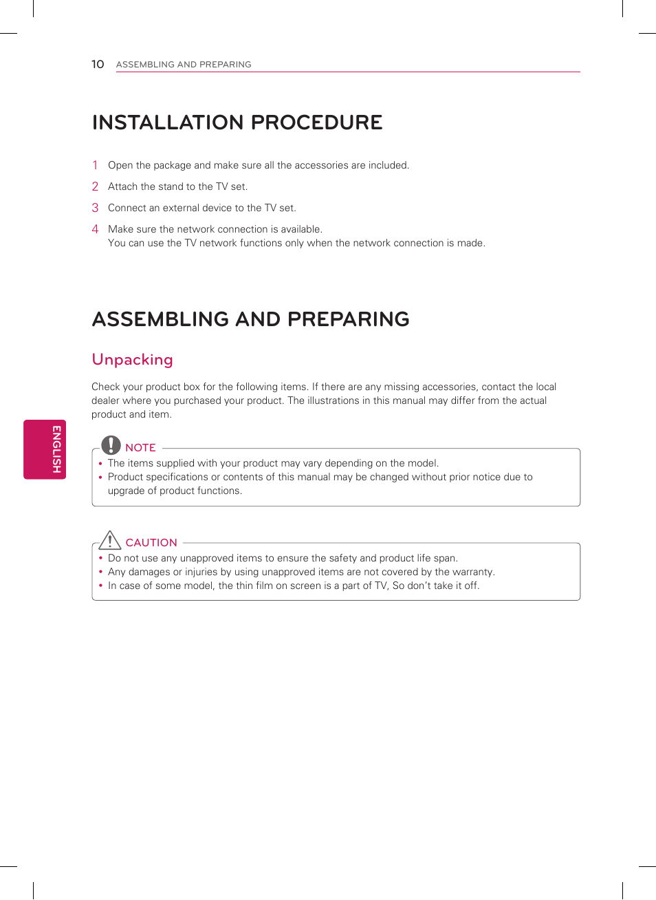 Installation procedure, Assembling and preparing, Unpacking | LG 42PM4700 User Manual | Page 10 / 56