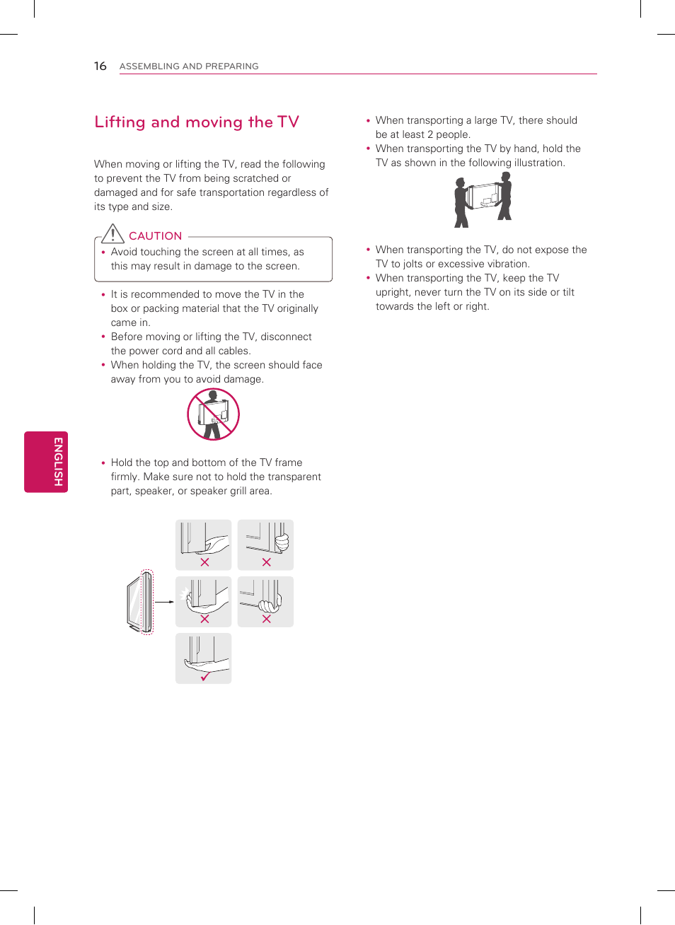 Lifting and moving the tv | LG 42PM4700 User Manual | Page 16 / 56