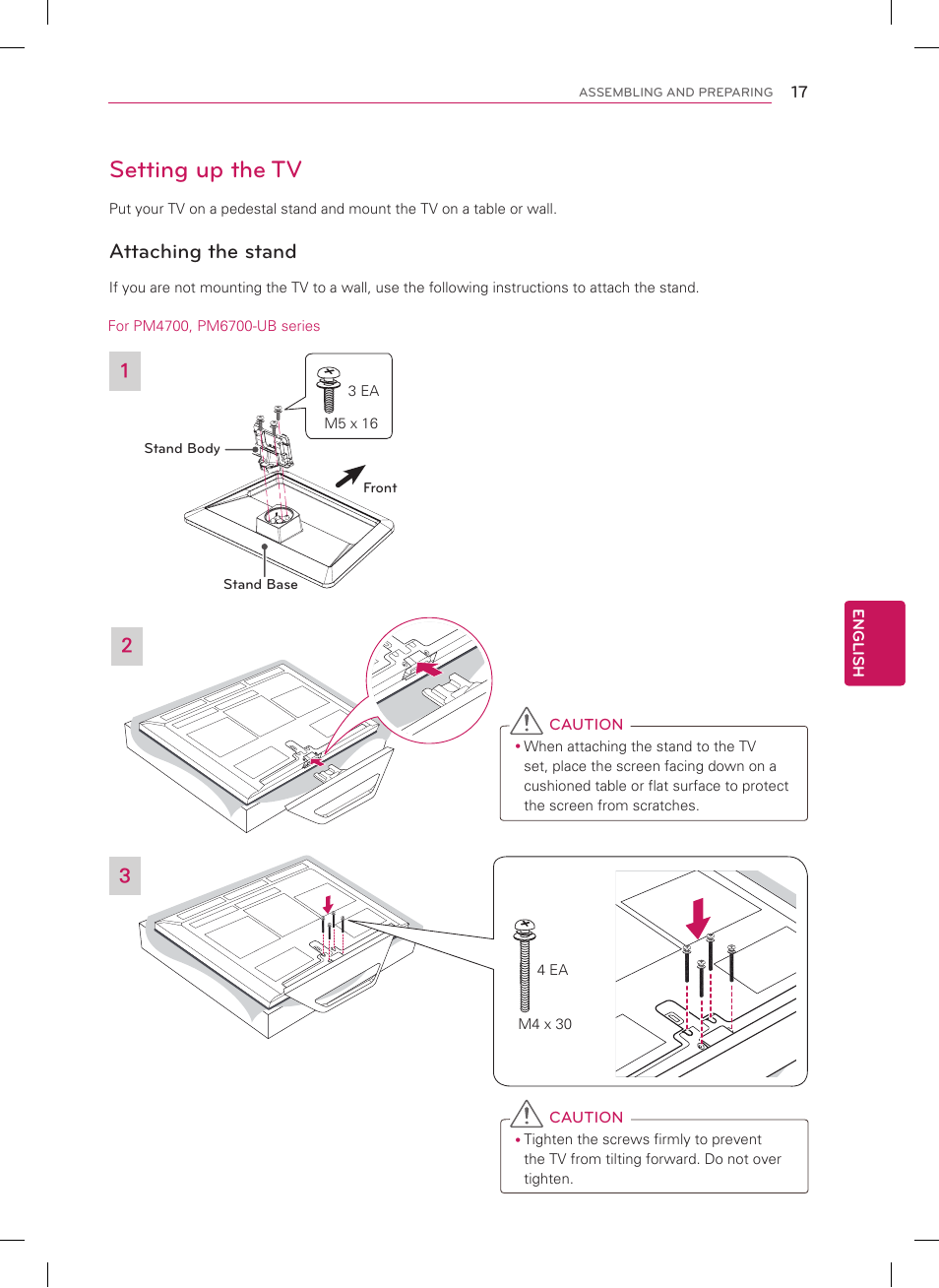 Setting up the tv, Attaching the stand | LG 42PM4700 User Manual | Page 17 / 56