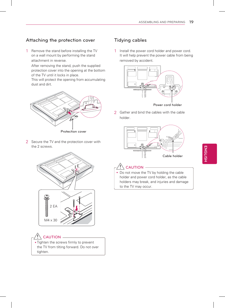 Attaching the protection cover, Tidying cables | LG 42PM4700 User Manual | Page 19 / 56