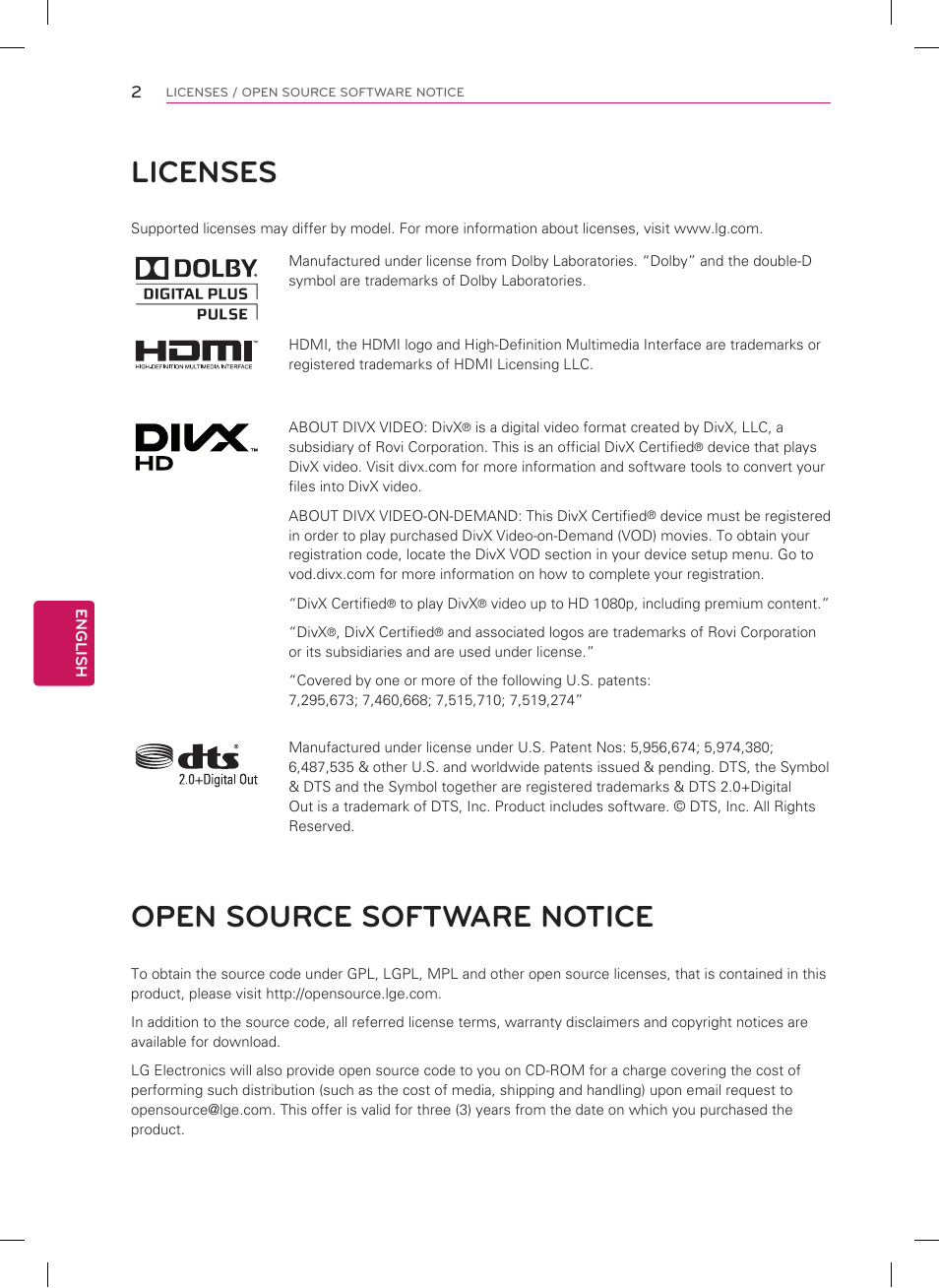 Licenses, Open source software notice | LG 42PM4700 User Manual | Page 2 / 56