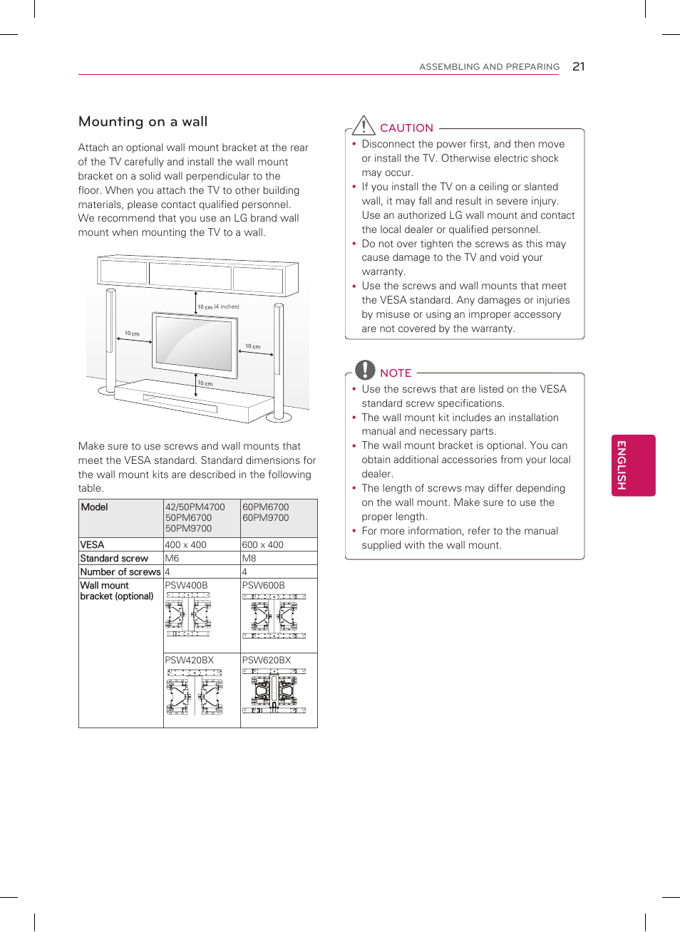 Mounting on a wall | LG 42PM4700 User Manual | Page 21 / 56