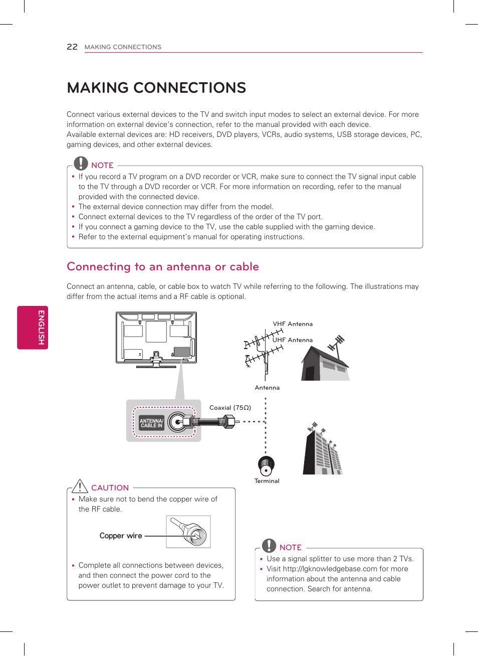 Making connections, Connecting to an antenna or cable | LG 42PM4700 User Manual | Page 22 / 56