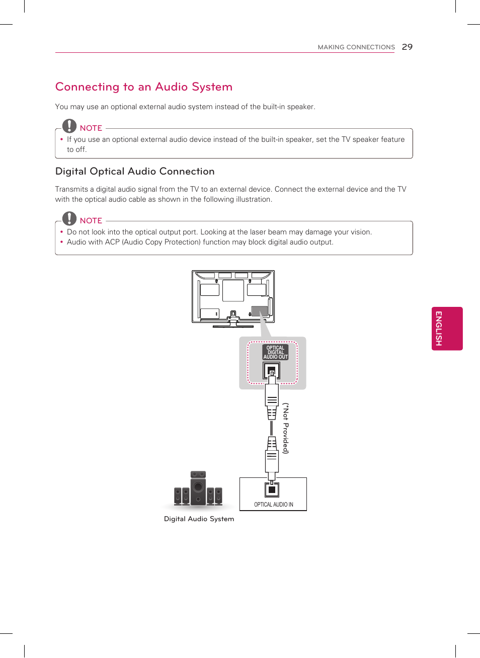 Connecting to an audio system, Digital optical audio connection | LG 42PM4700 User Manual | Page 29 / 56