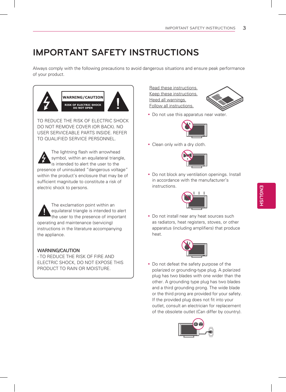 Important safety instructions, English | LG 42PM4700 User Manual | Page 3 / 56