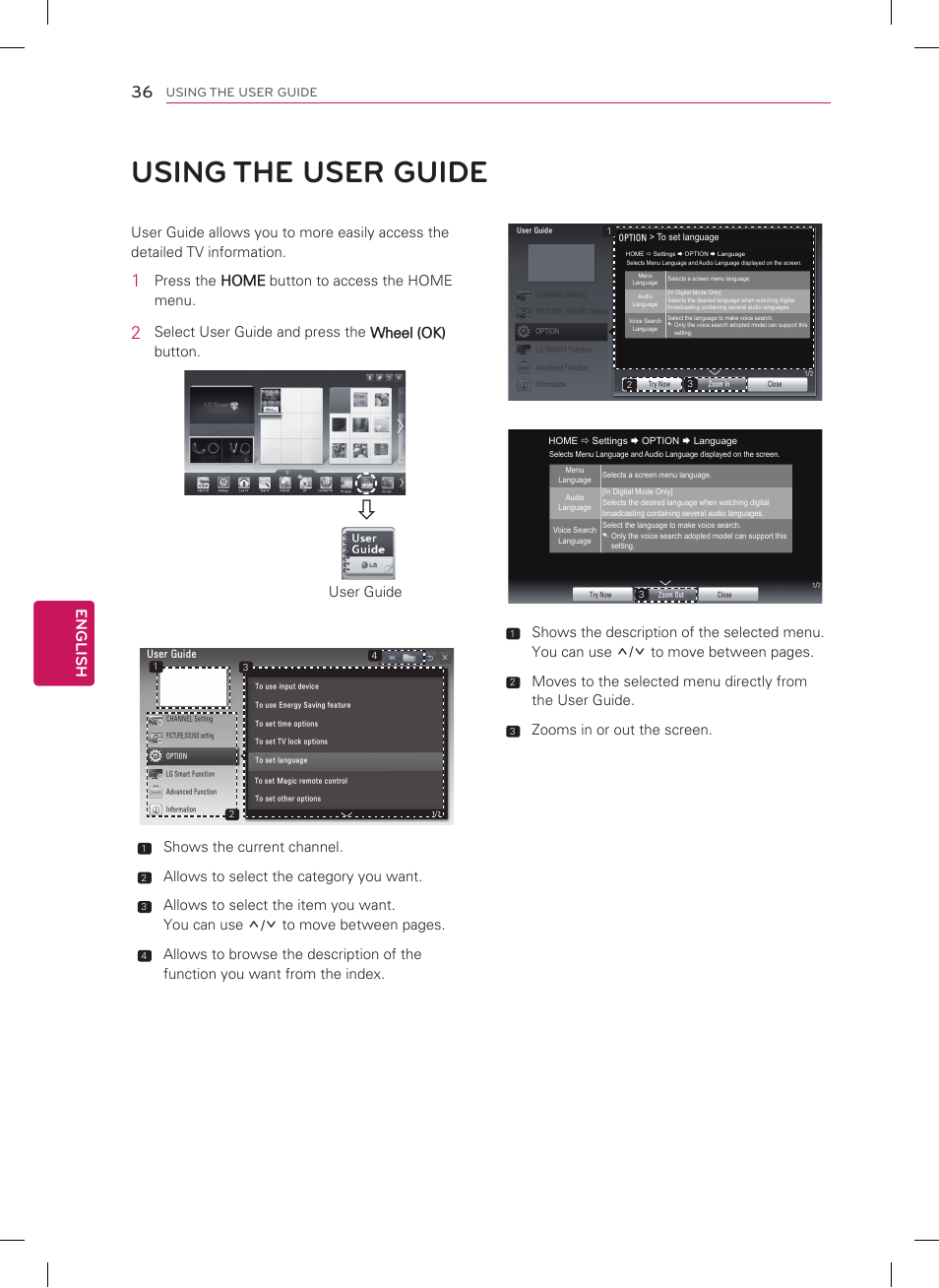 English, Press the home button to access the home menu, Select user guide and press the wheel (ok) button | User guide, Shows the current channel, Allows to select the category you want, Zooms in or out the screen, Using the user guide | LG 42PM4700 User Manual | Page 36 / 56