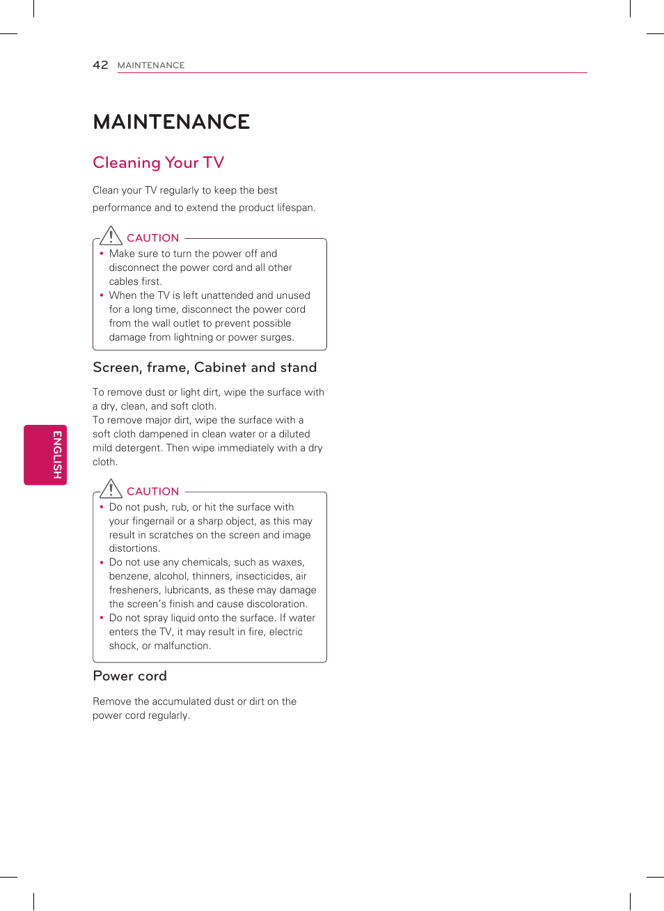 Maintenance, Cleaning your tv, Screen, frame, cabinet and stand | Power cord | LG 42PM4700 User Manual | Page 42 / 56