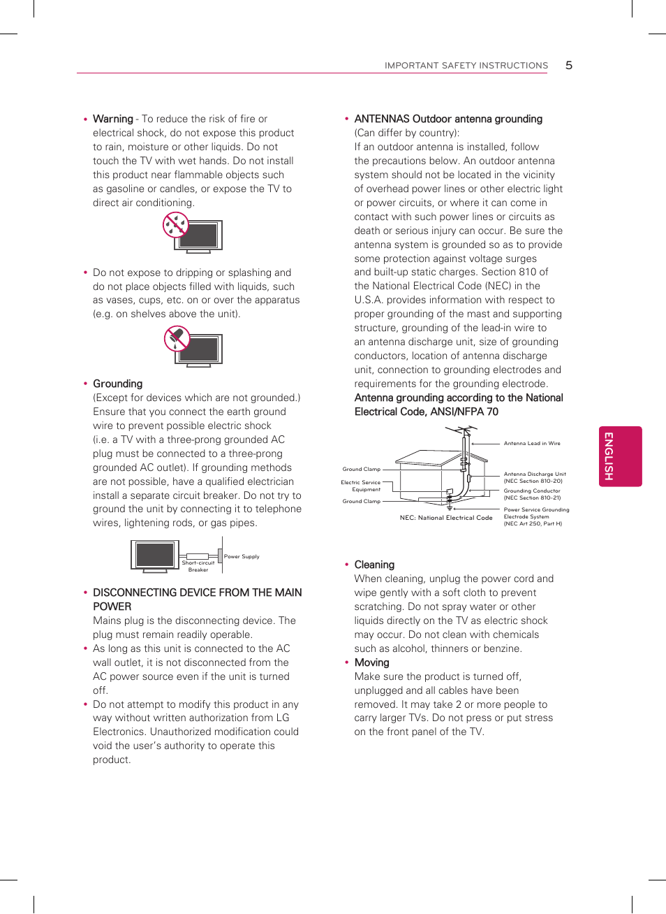 Short-circuit breaker power supply, English | LG 42PM4700 User Manual | Page 5 / 56