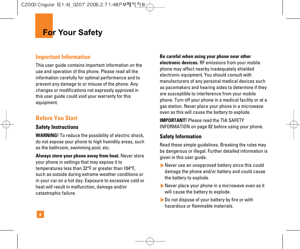 For your safety | LG C2000 User Manual | Page 10 / 228