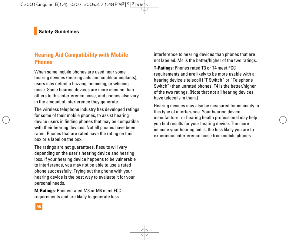 Hearing aid compatibility with mobile phones | LG C2000 User Manual | Page 100 / 228