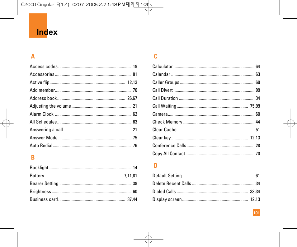 Index | LG C2000 User Manual | Page 103 / 228