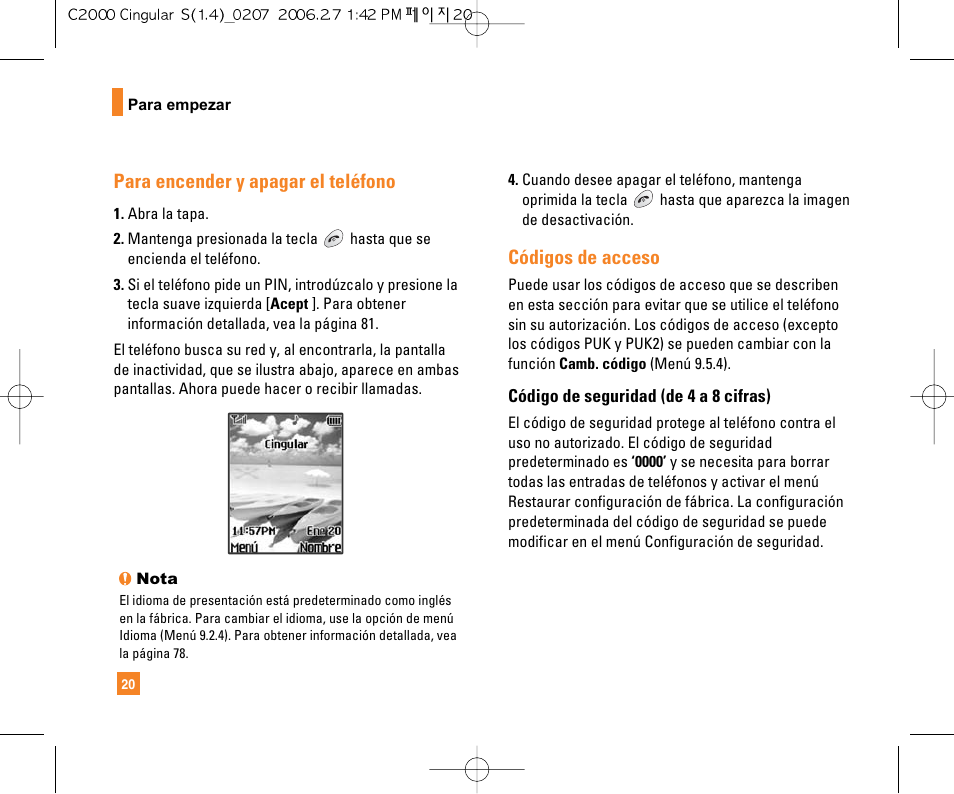 Para encender y apagar el teléfono, Códigos de acceso | LG C2000 User Manual | Page 135 / 228