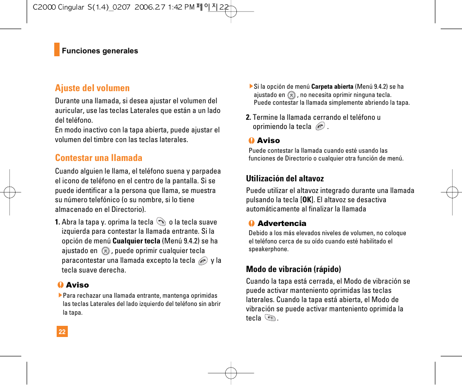 Ajuste del volumen, Contestar una llamada | LG C2000 User Manual | Page 137 / 228