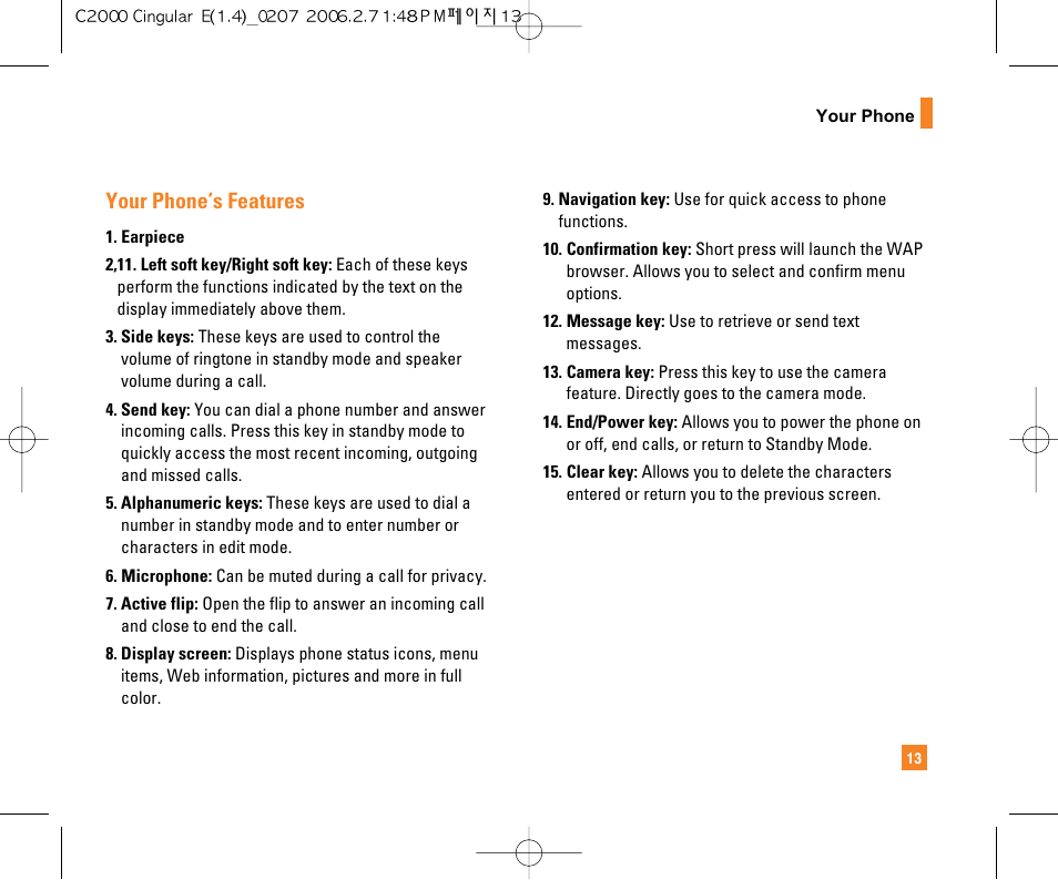 Your phone’s features | LG C2000 User Manual | Page 15 / 228