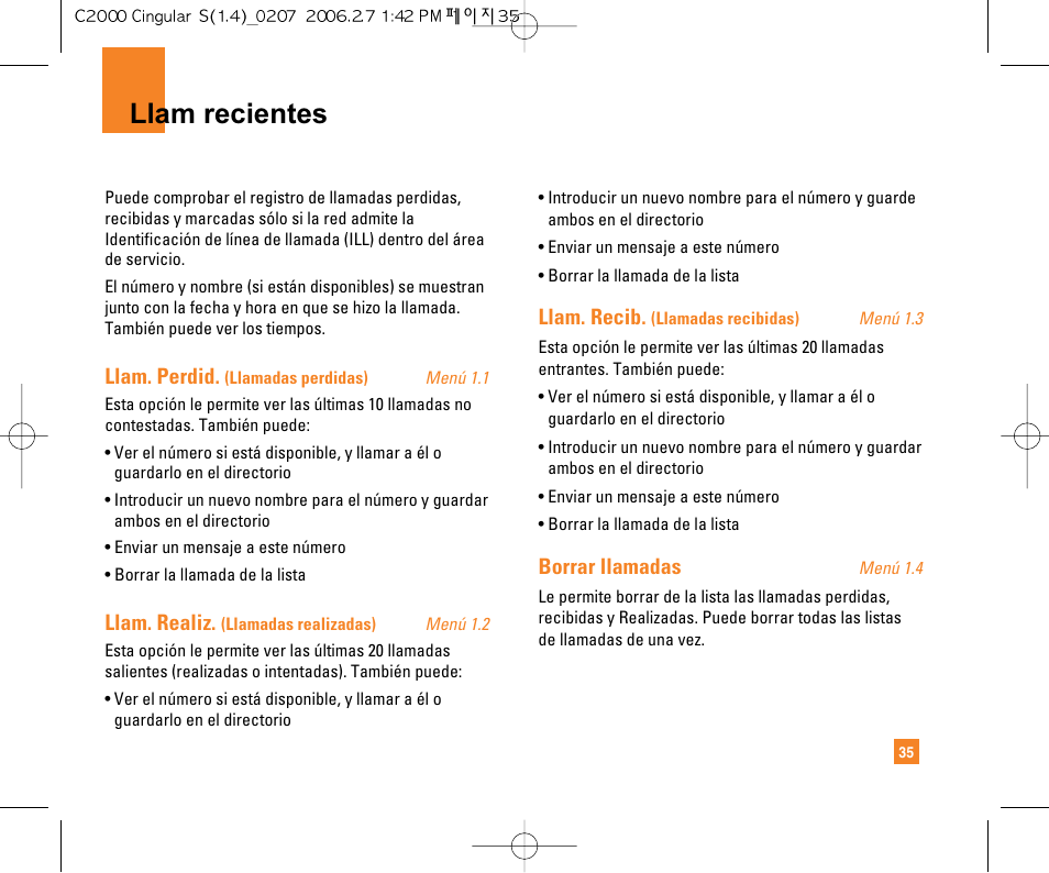 Llam recientes | LG C2000 User Manual | Page 150 / 228