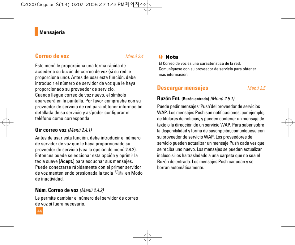 Correo de voz, Descargar mensajes | LG C2000 User Manual | Page 159 / 228