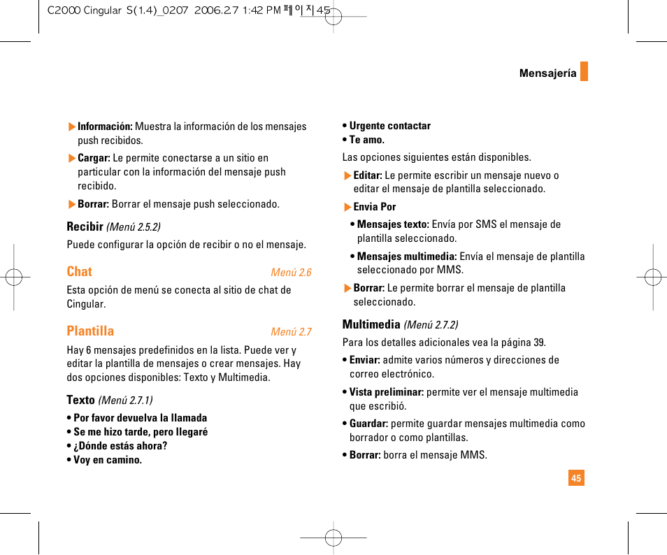 Chat, Plantilla | LG C2000 User Manual | Page 160 / 228