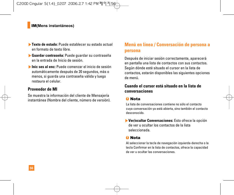 Menú en línea / conversación de persona a persona | LG C2000 User Manual | Page 171 / 228