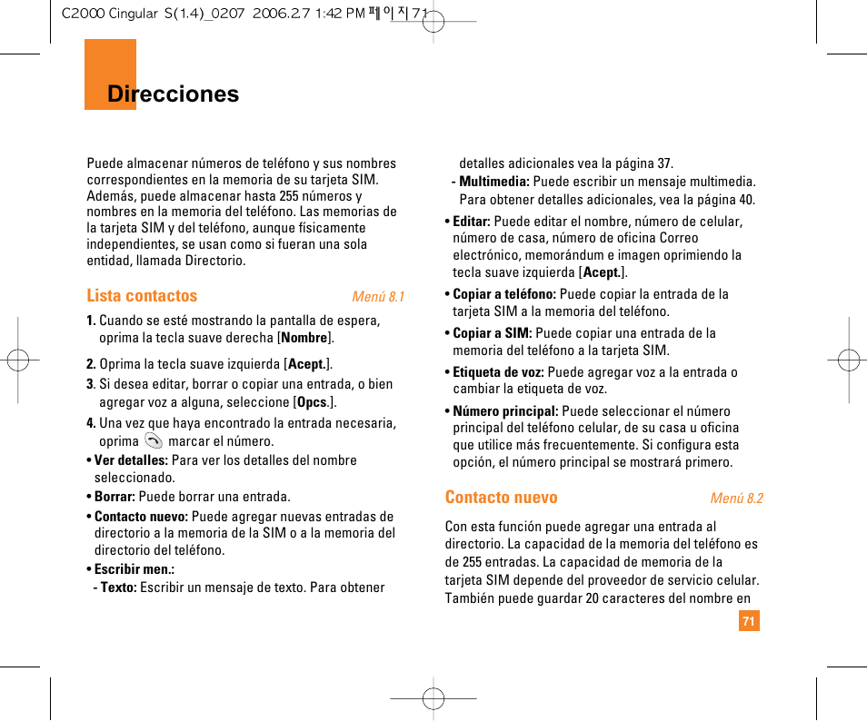 Direcciones, Lista contactos, Contacto nuevo | LG C2000 User Manual | Page 186 / 228