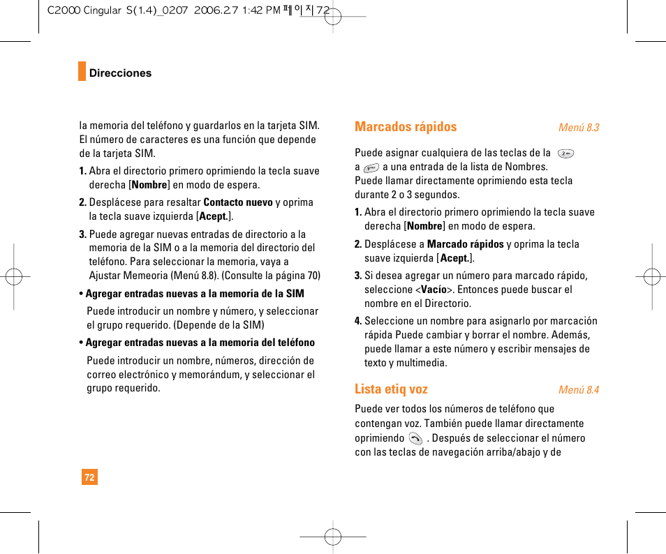 Marcados rápidos, Lista etiq voz | LG C2000 User Manual | Page 187 / 228