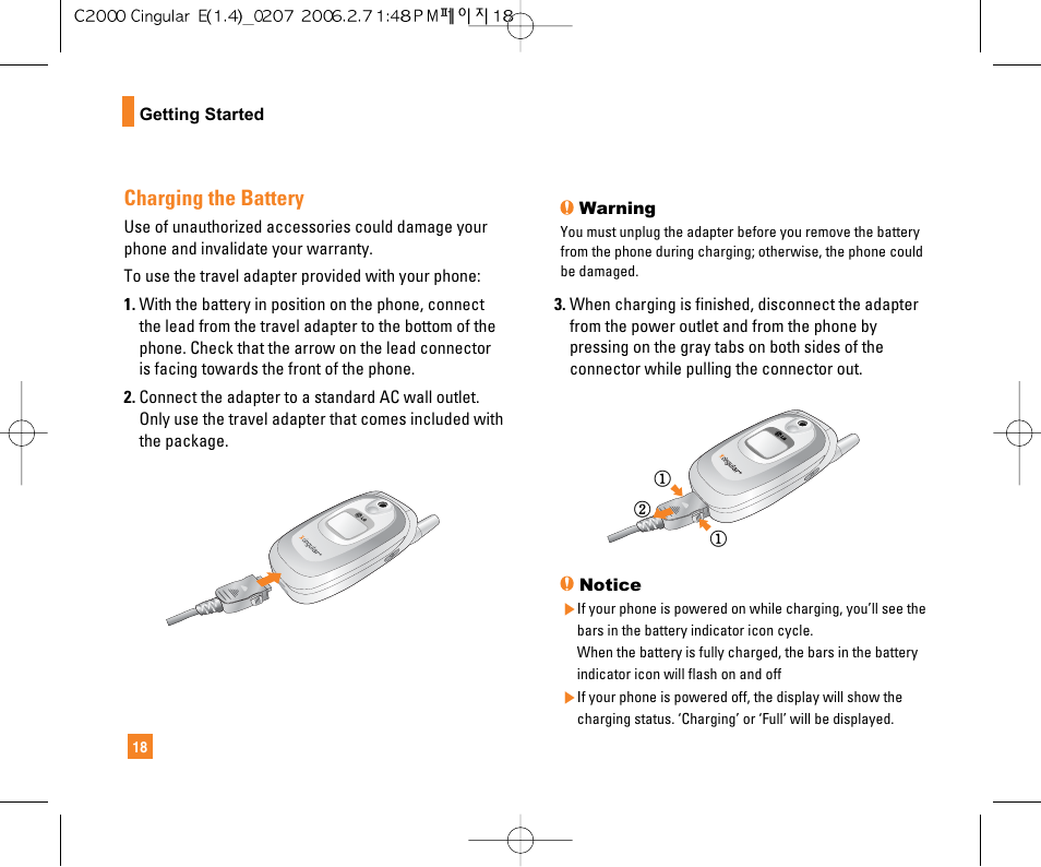 Charging the battery | LG C2000 User Manual | Page 20 / 228