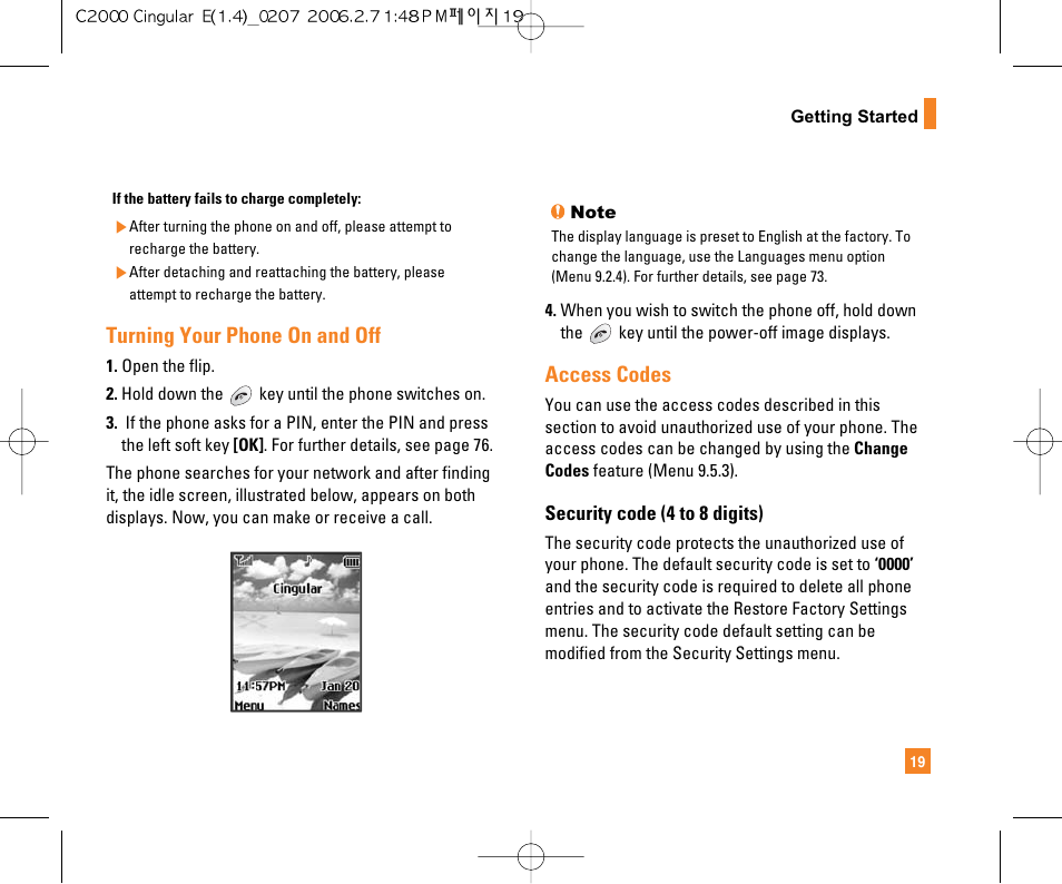 Turning your phone on and off, Access codes | LG C2000 User Manual | Page 21 / 228