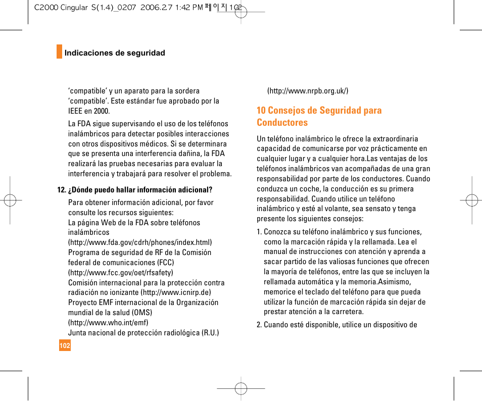 10 consejos de seguridad para conductores | LG C2000 User Manual | Page 217 / 228