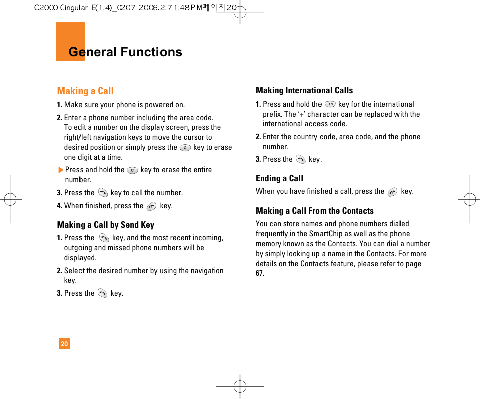 General functions, Making a call | LG C2000 User Manual | Page 22 / 228