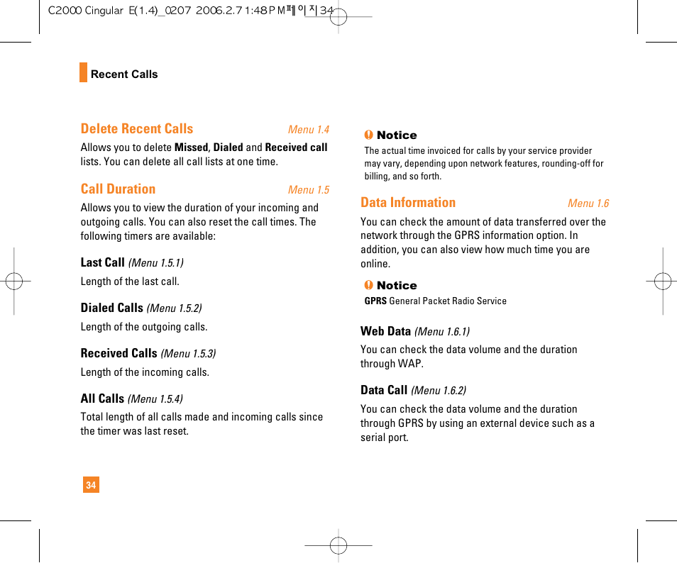 Delete recent calls, Call duration, Data information | LG C2000 User Manual | Page 36 / 228