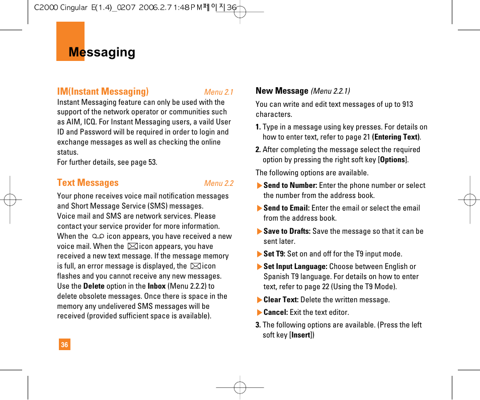 Messaging, Im(instant messaging), Text messages | LG C2000 User Manual | Page 38 / 228