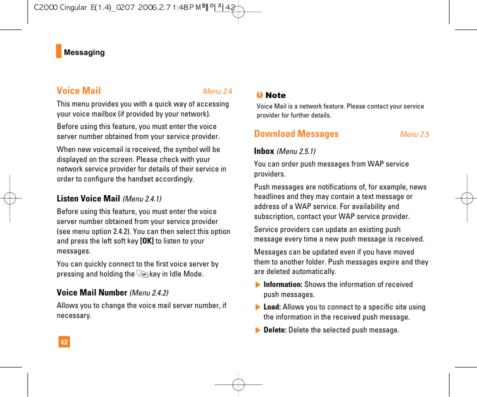 Voice mail, Download messages | LG C2000 User Manual | Page 44 / 228