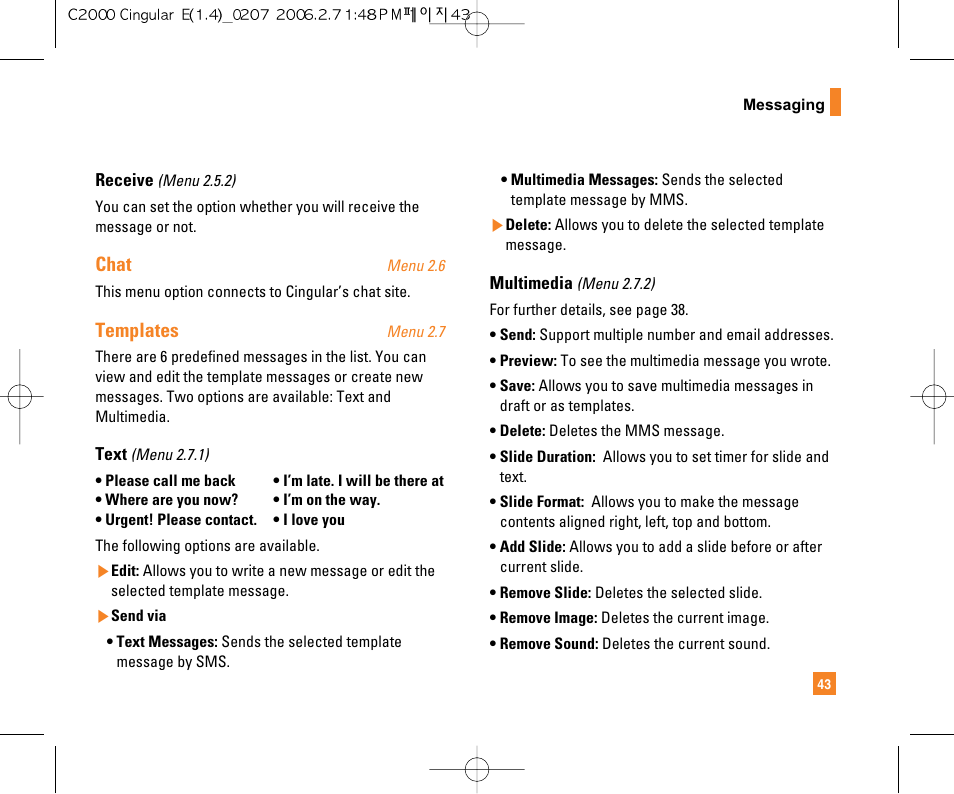 Chat, Templates | LG C2000 User Manual | Page 45 / 228