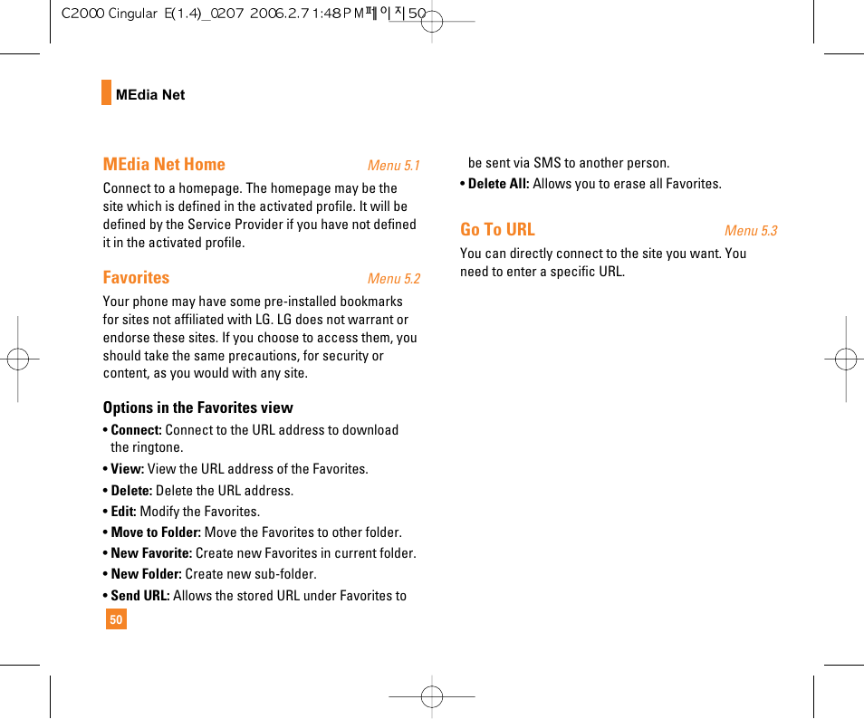 Media net home, Favorites, Go to url | LG C2000 User Manual | Page 52 / 228