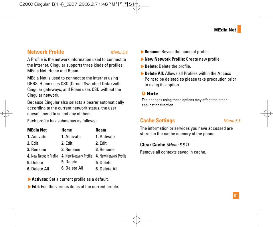 Network profile, Cache settings | LG C2000 User Manual | Page 53 / 228