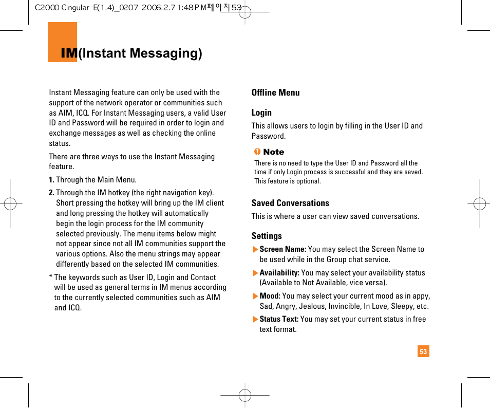 Im (instant messaging) | LG C2000 User Manual | Page 55 / 228