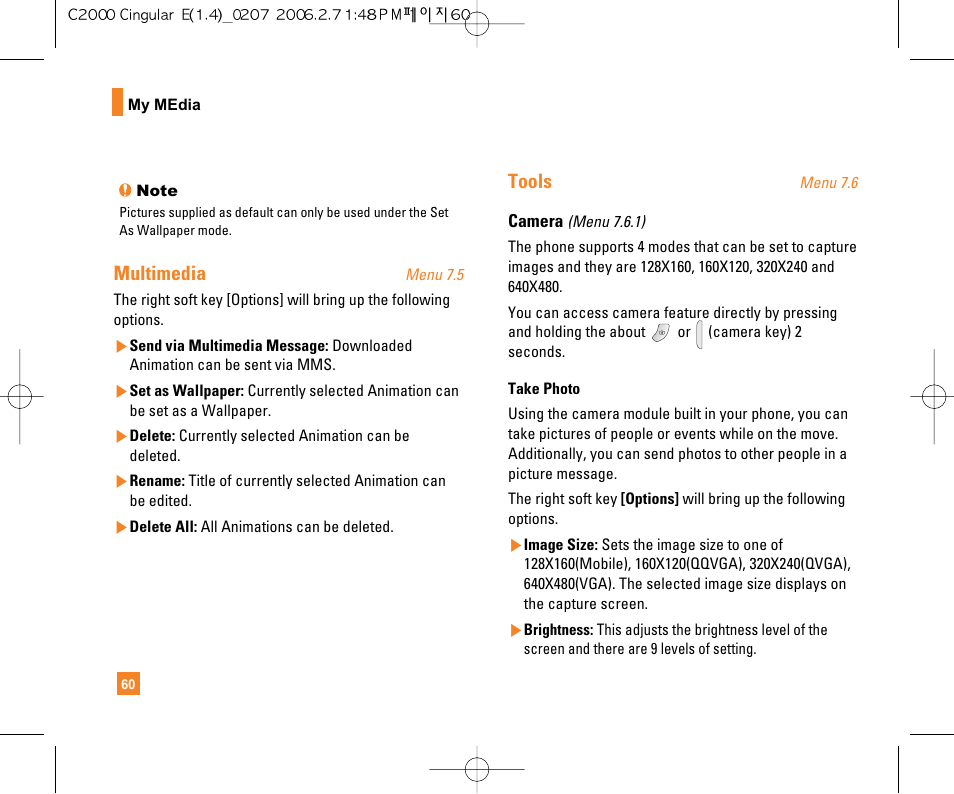 Multimedia, Tools | LG C2000 User Manual | Page 62 / 228