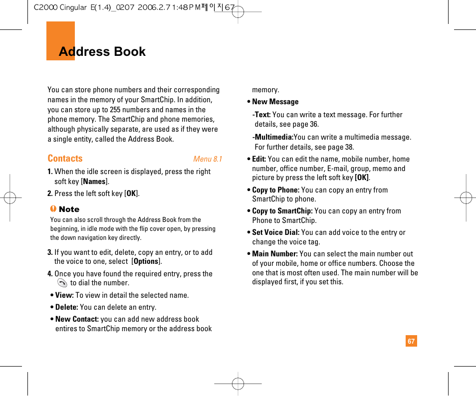 Address book, Contacts | LG C2000 User Manual | Page 69 / 228