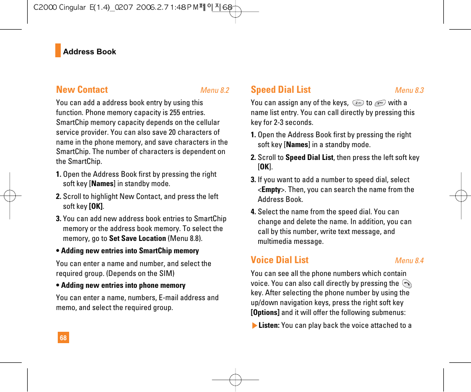 New contact, Speed dial list, Voice dial list | LG C2000 User Manual | Page 70 / 228