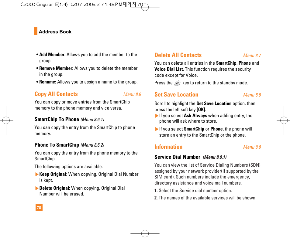 Copy all contacts, Delete all contacts, Set save location | Information | LG C2000 User Manual | Page 72 / 228