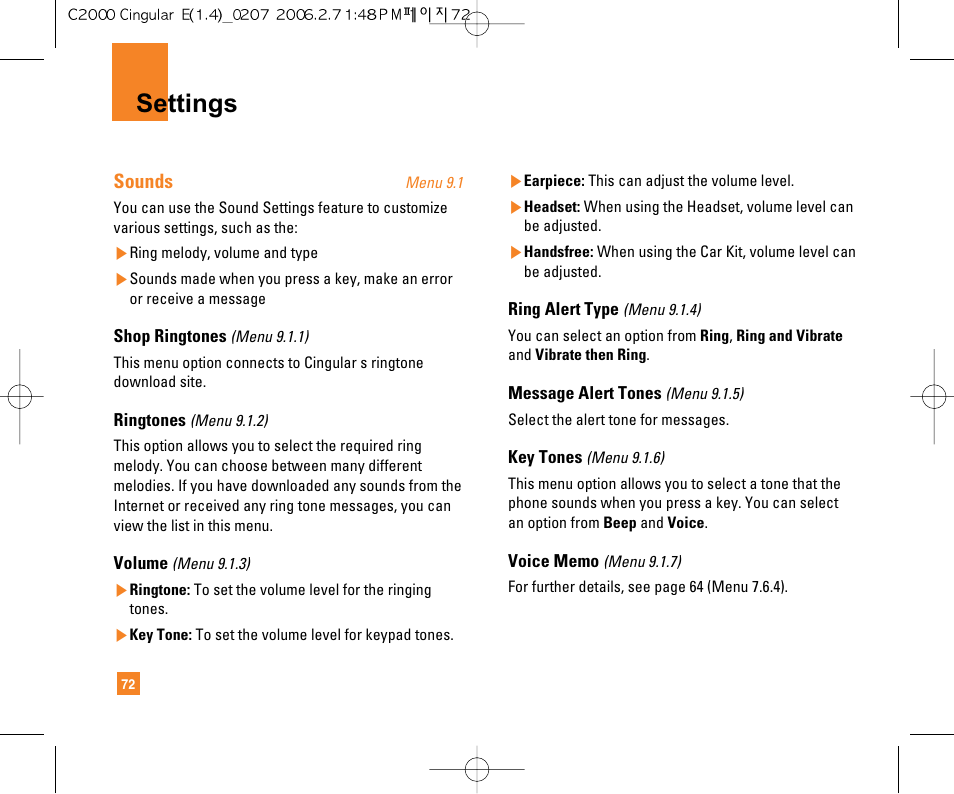 Settings | LG C2000 User Manual | Page 74 / 228