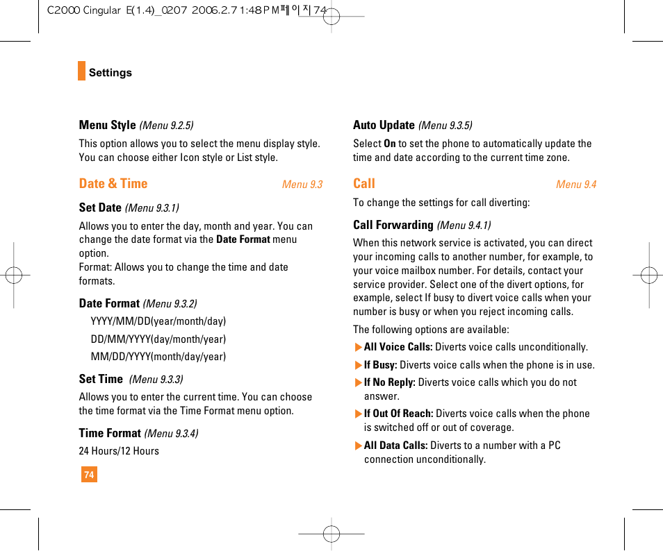 Date & time, Call | LG C2000 User Manual | Page 76 / 228