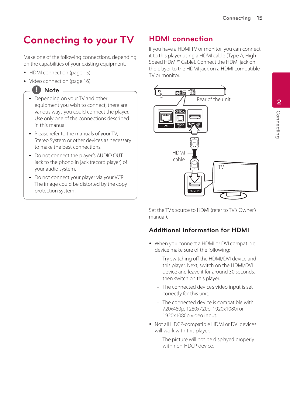 2 connecting, Connecting to your tv, Hdmi connection | 15 – hdmi connection | LG BP520 User Manual | Page 15 / 64