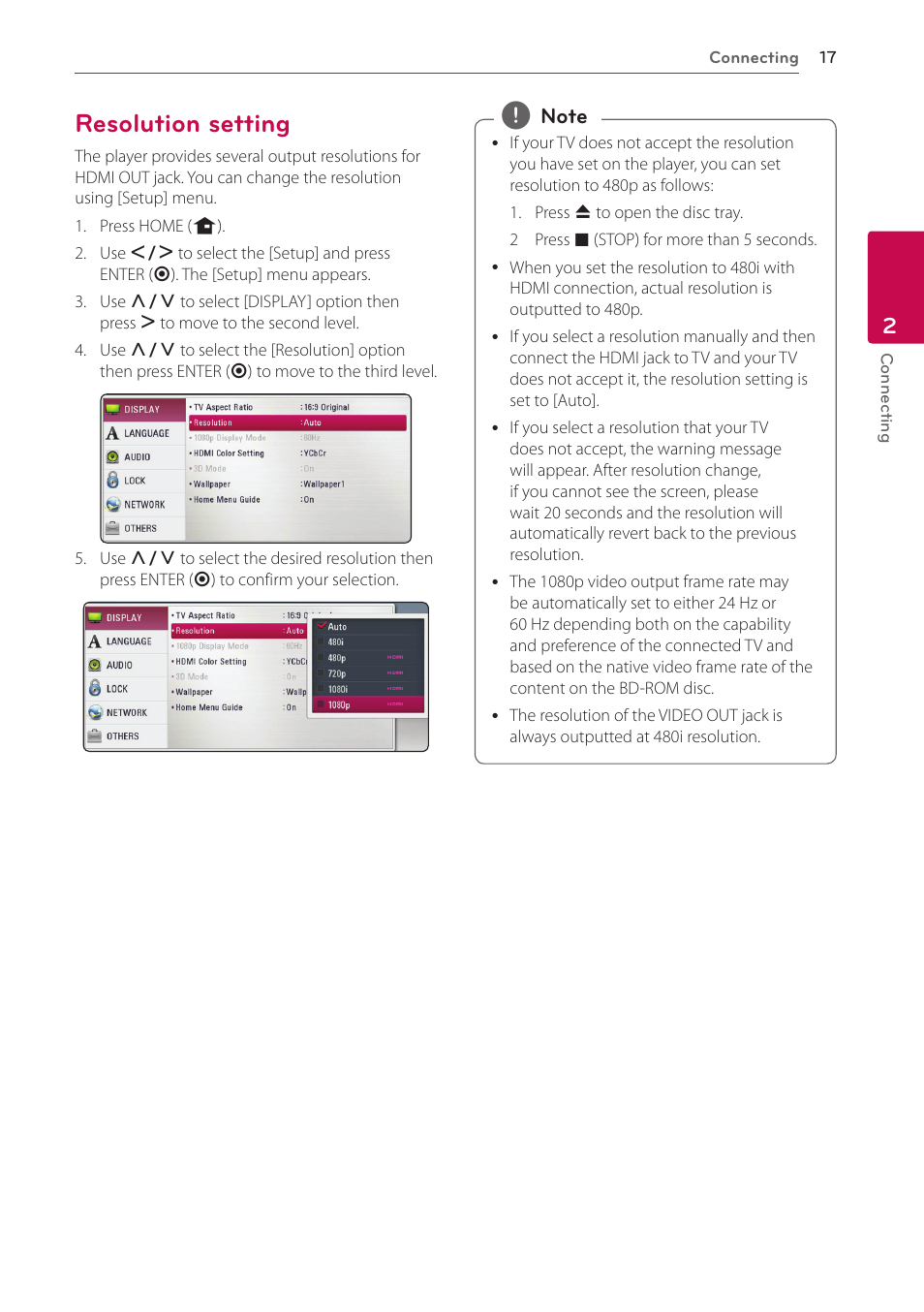 Resolution setting | LG BP520 User Manual | Page 17 / 64