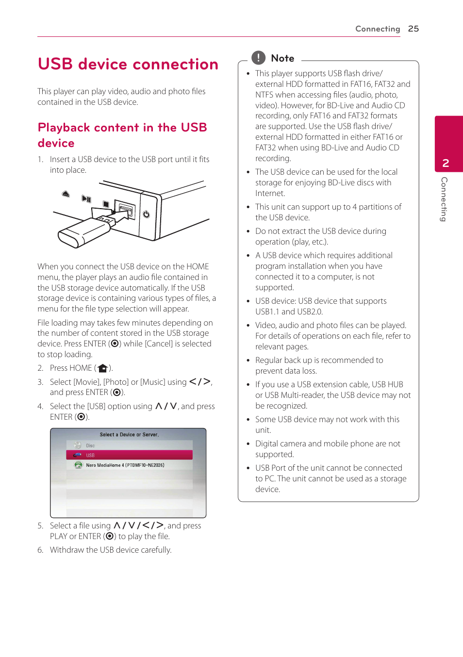 Usb device connection, Playback content in the usb device | LG BP520 User Manual | Page 25 / 64