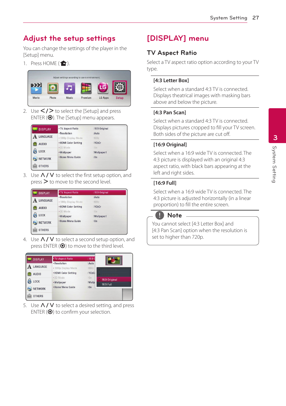 Adjust the setup settings, Display] menu, 27 – adjust the setup settings 27 – [display] menu | LG BP520 User Manual | Page 27 / 64