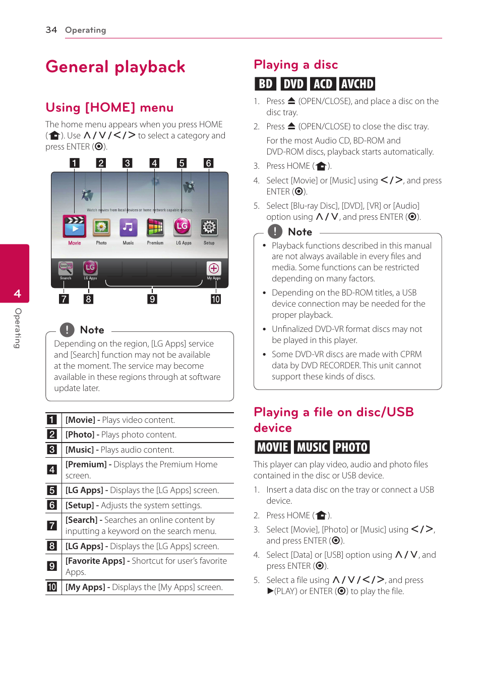 4 operating, General playback, Using [home] menu | Playing a disc, Playing a file on disc/usb device, Playing a disc erto, Playing a file on disc/usb device yui | LG BP520 User Manual | Page 34 / 64