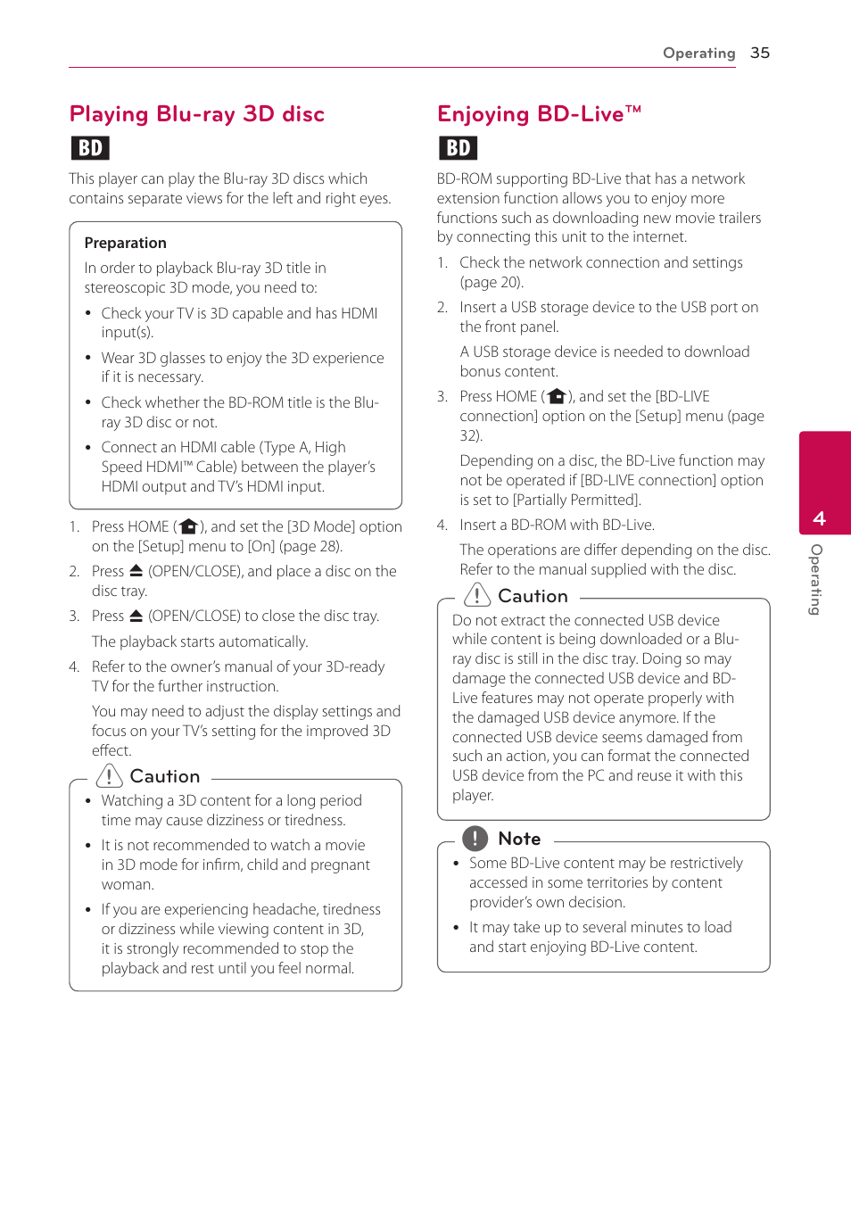 Playing blu-ray 3d disc, Enjoying bd-live, 35 – playing blu-ray 3d disc 35 – enjoying bd-live | Playing blu-ray 3d disc e, Enjoying bd-live™ e | LG BP520 User Manual | Page 35 / 64