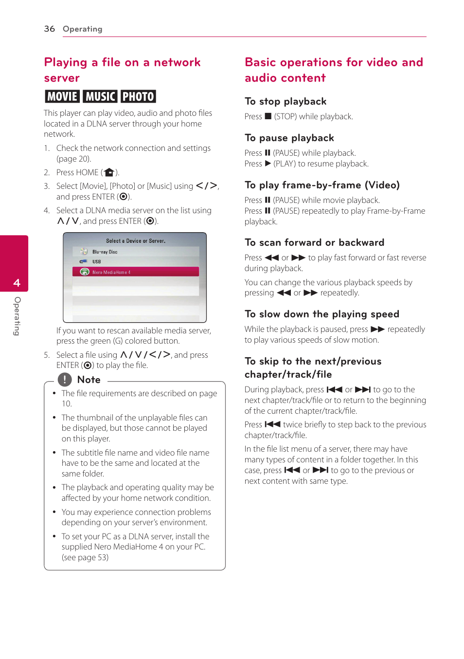 Playing a file on a network server, Basic operations for video and audio content, Content | Playing a file on a network server yui | LG BP520 User Manual | Page 36 / 64